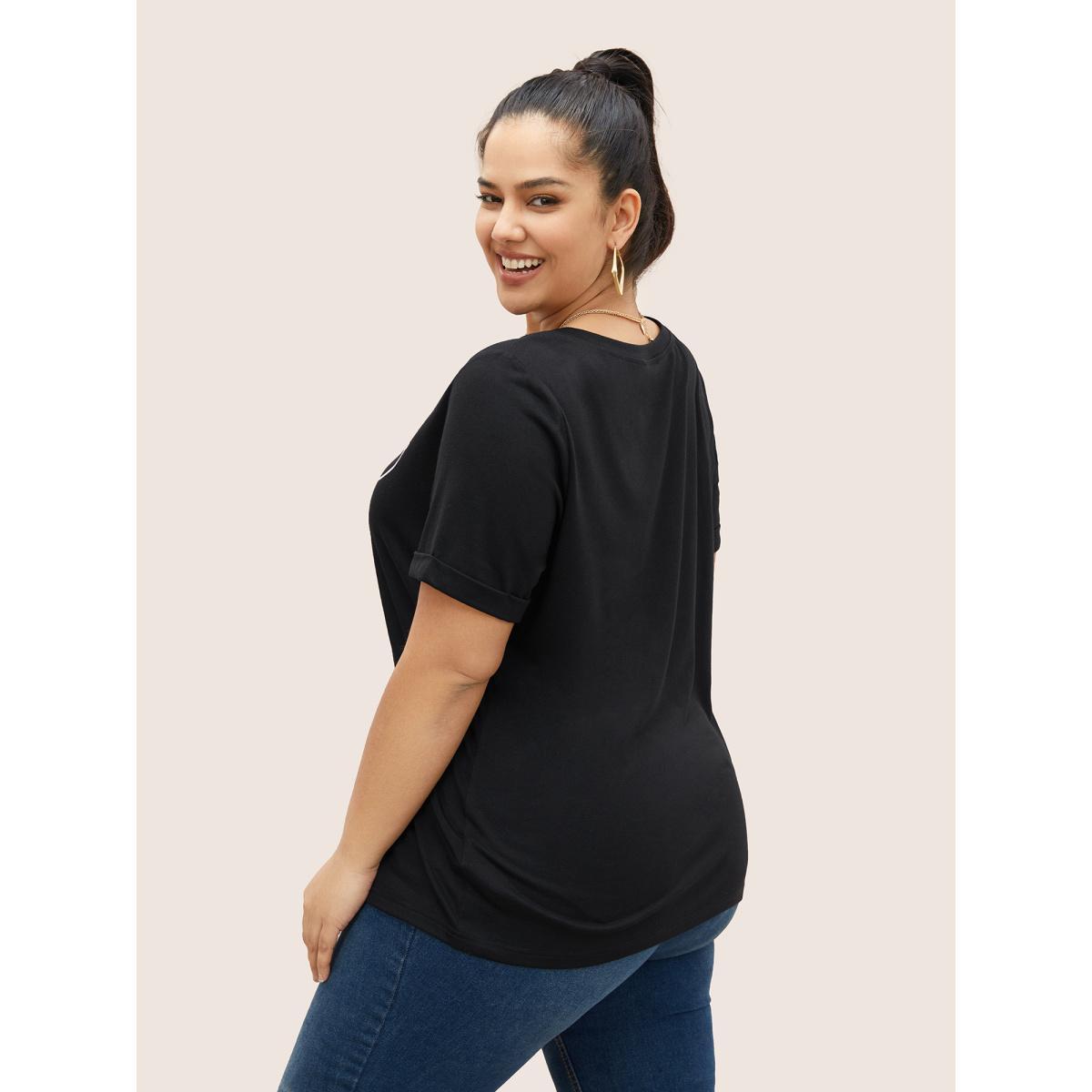 Plus Size Letter Print Round Neck T-shirt Black Women Casual Contrast Round Neck Everyday T-shirts BloomChic 10/M Product Image