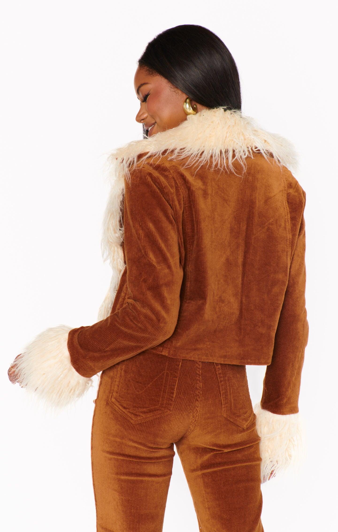 Penny Lane Cropped Coat ~ Saddle Brown Cord w/Faux Fur Product Image