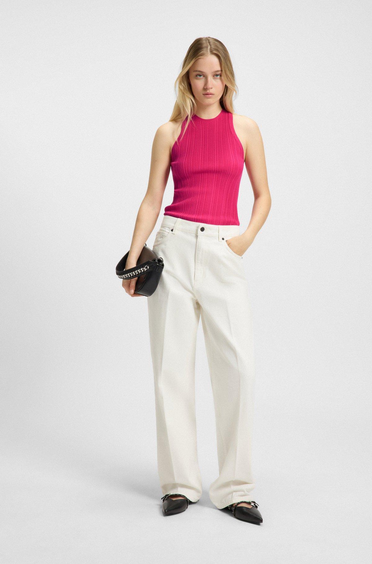HUGO - Sleeveless racer-back top in ribbed crepe fabric - Pink Product Image