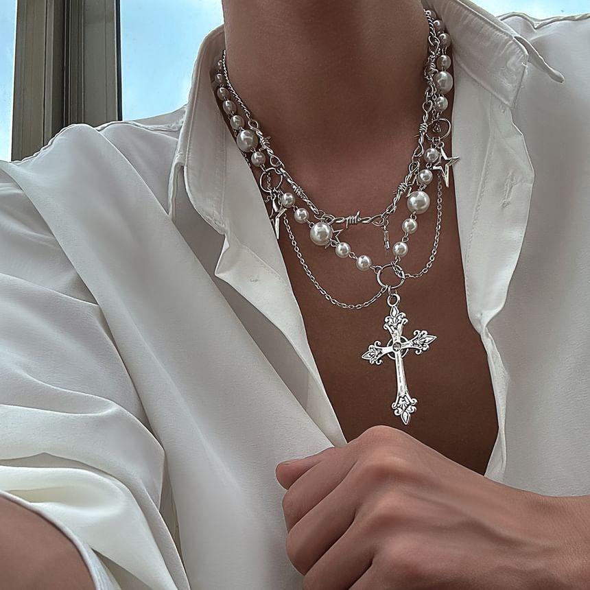 Cross Pendant Faux Pearl Layered Necklace Product Image