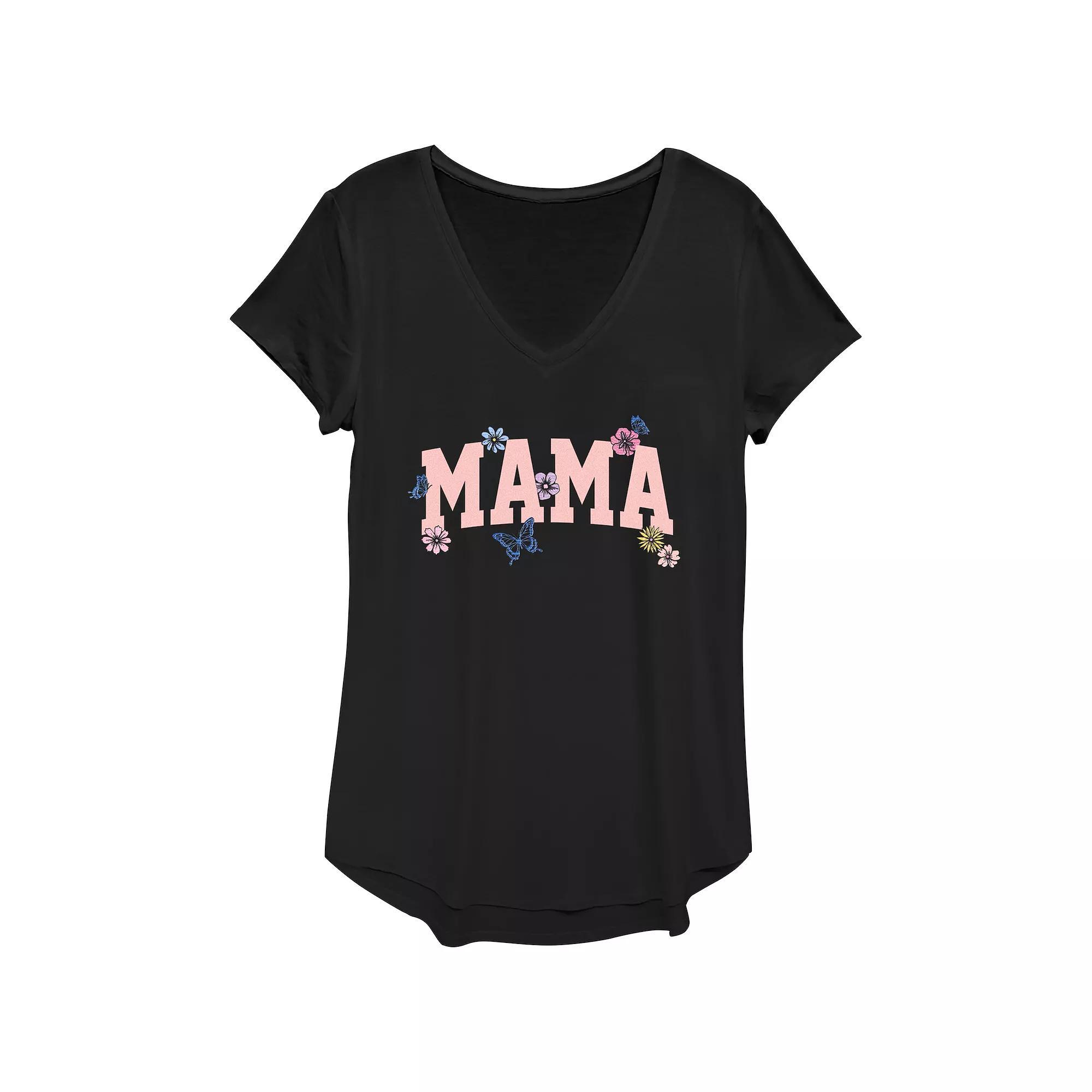 Women's Mama Flowers V-Neck Graphic Tee, Size: XS, Black Product Image