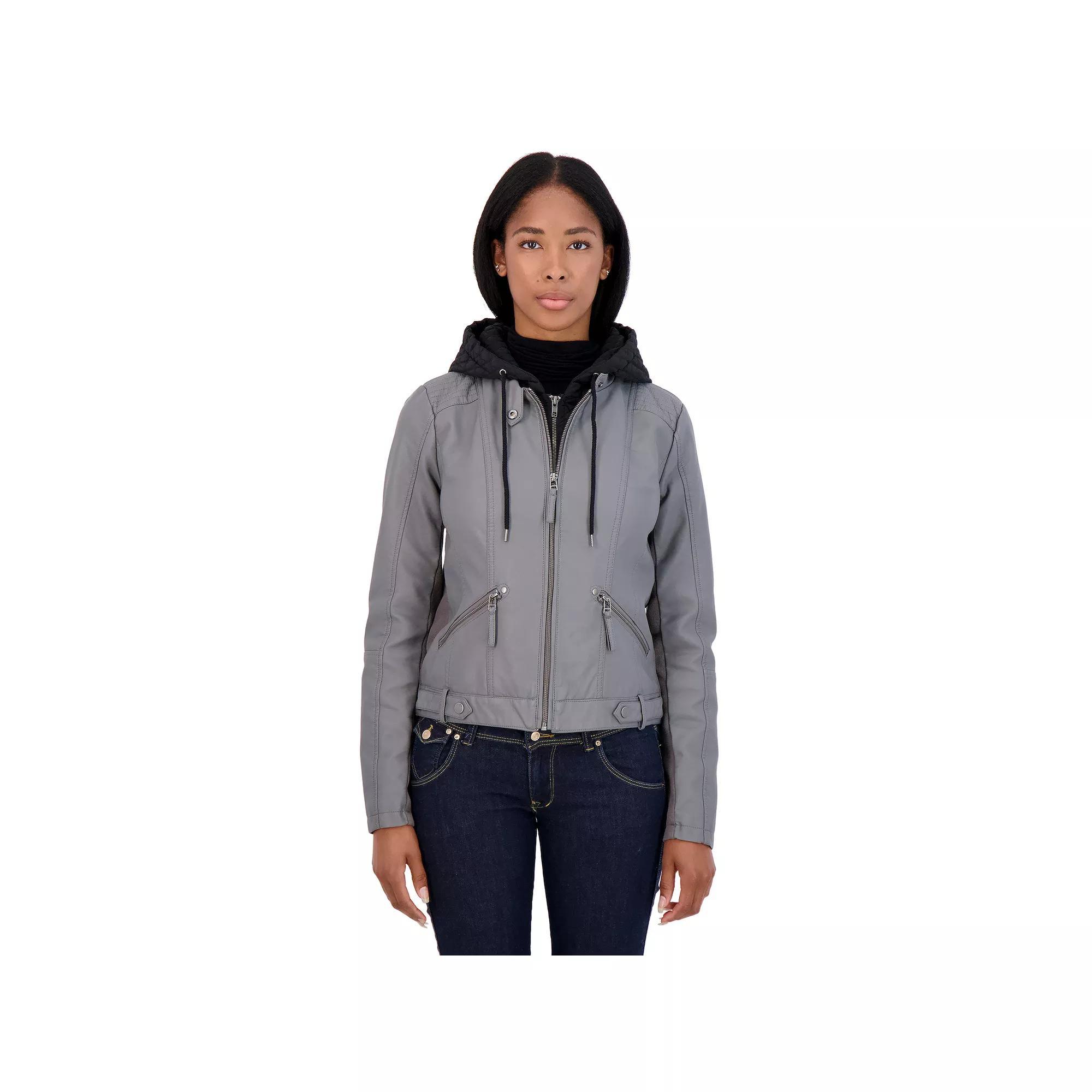 Women's Sebby Collection Hooded Faux-Leather Racing Jacket, Size: Medium, Gray Product Image