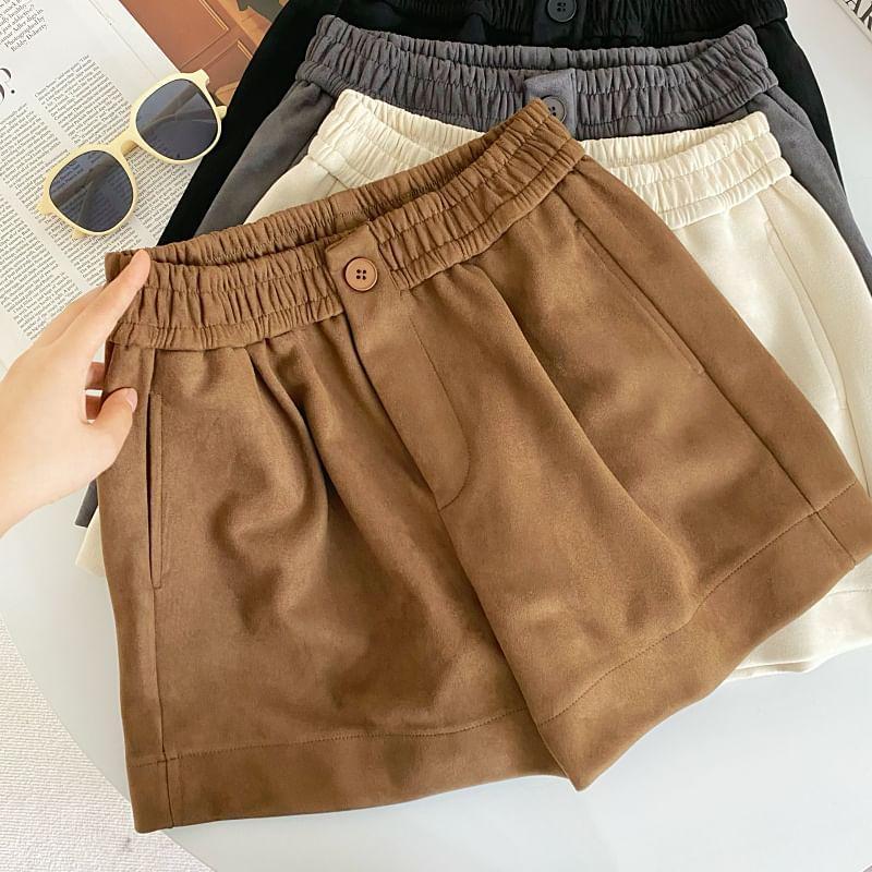 Elastic Waist Plain Faux Suede Wide Leg Shorts Product Image