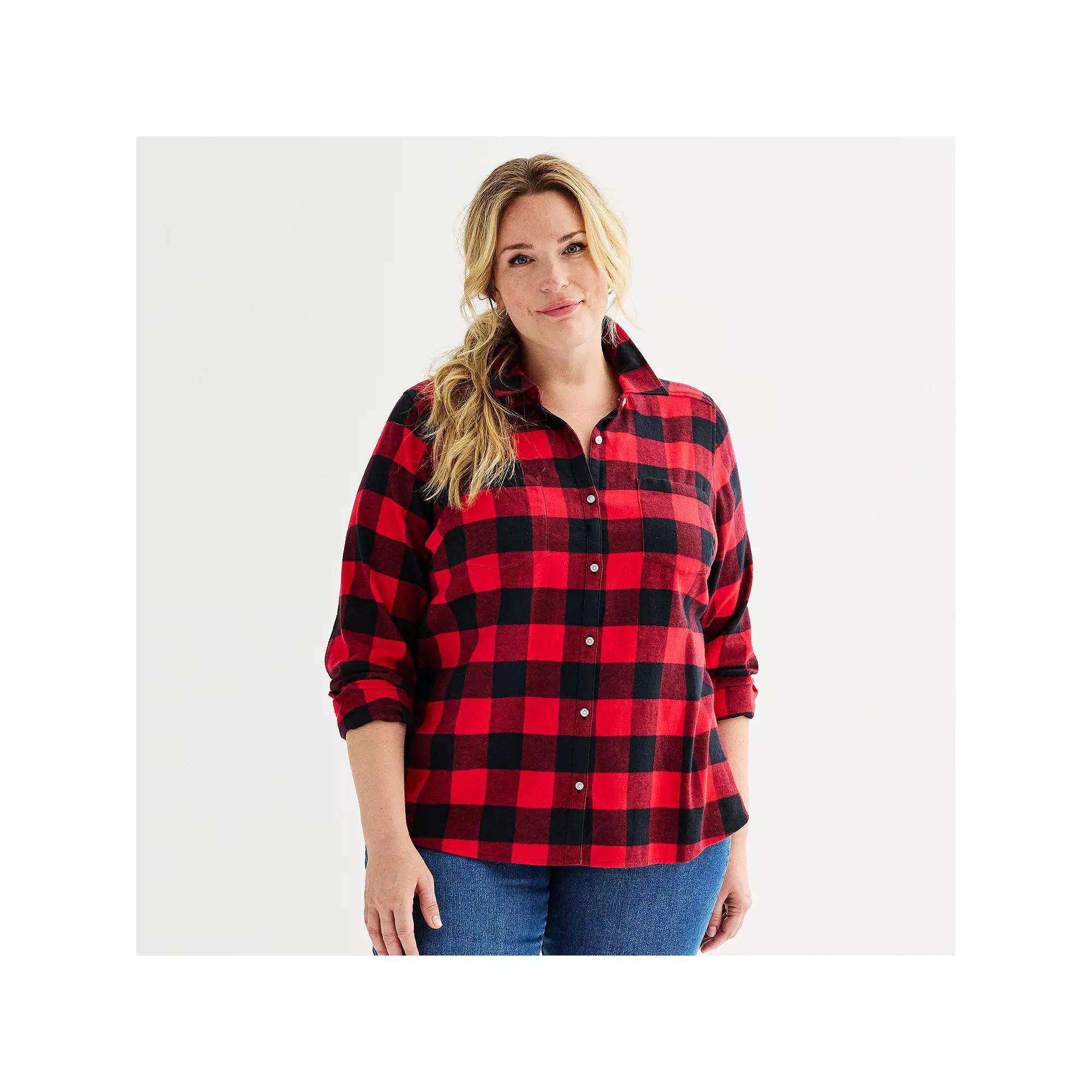 Plus Size Croft & Barrow® The Extra Soft Plaid Flannel Shirt, Women's, Size: 1XL, Red Buffalo Check Product Image