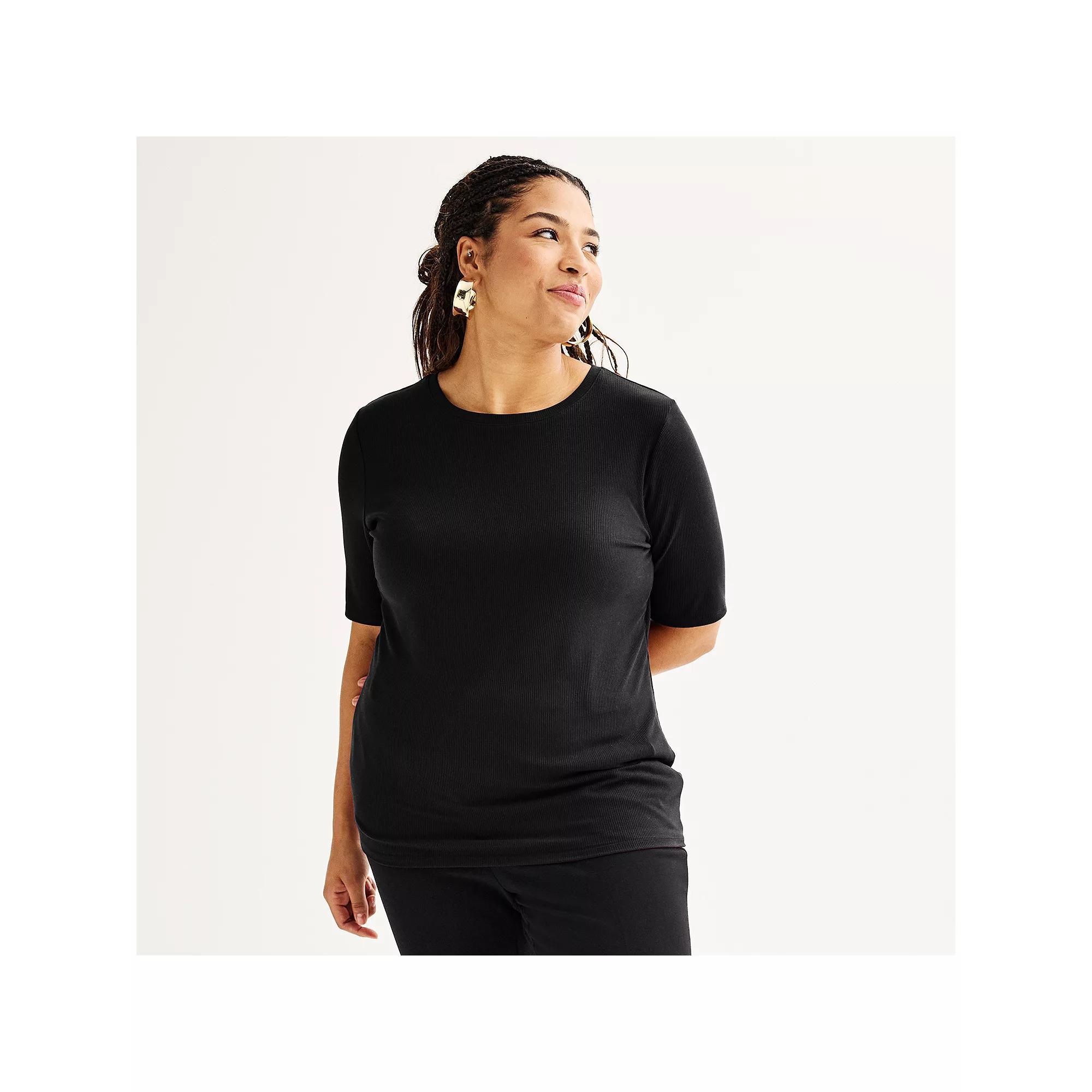 Plus Size Nine West Fitted Elbow Sleeve Top, Women's, Size: 1XL, Mineral Black Product Image
