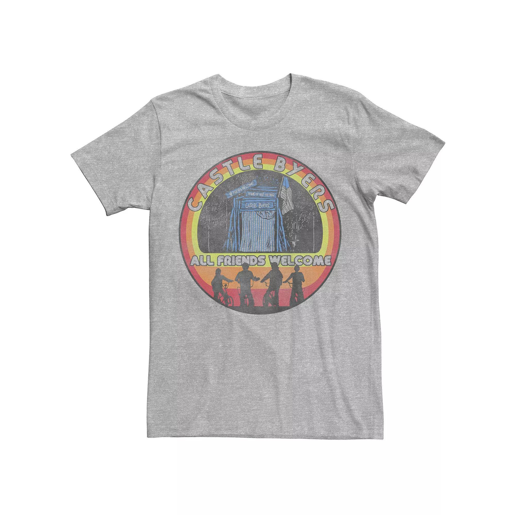 Men's Stranger Things Group Shot Castle Byers All Friends Welcome Tee, Size: XS, Athletic Grey Product Image