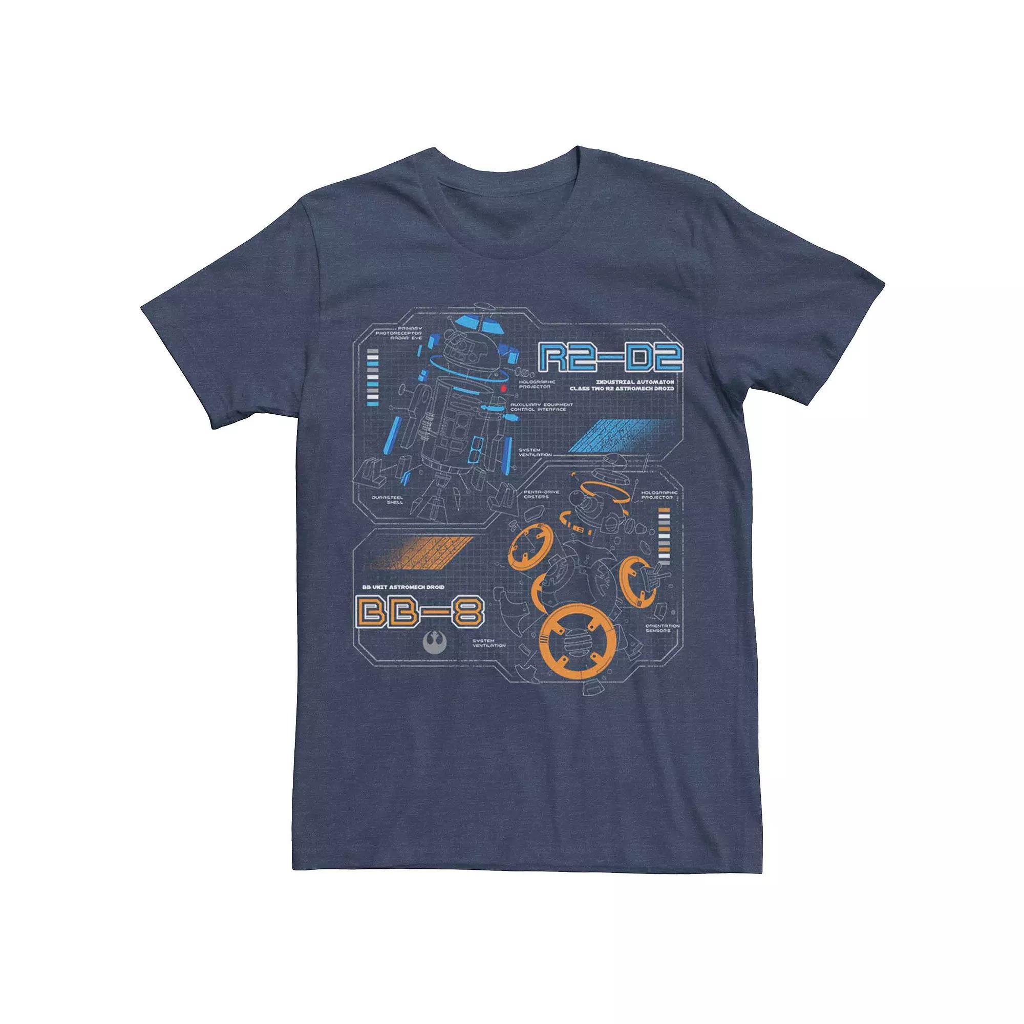 Men's Star Wars R2-D2 BB-8 Blue Prints Tee, Size: Small, Navy Grey Product Image