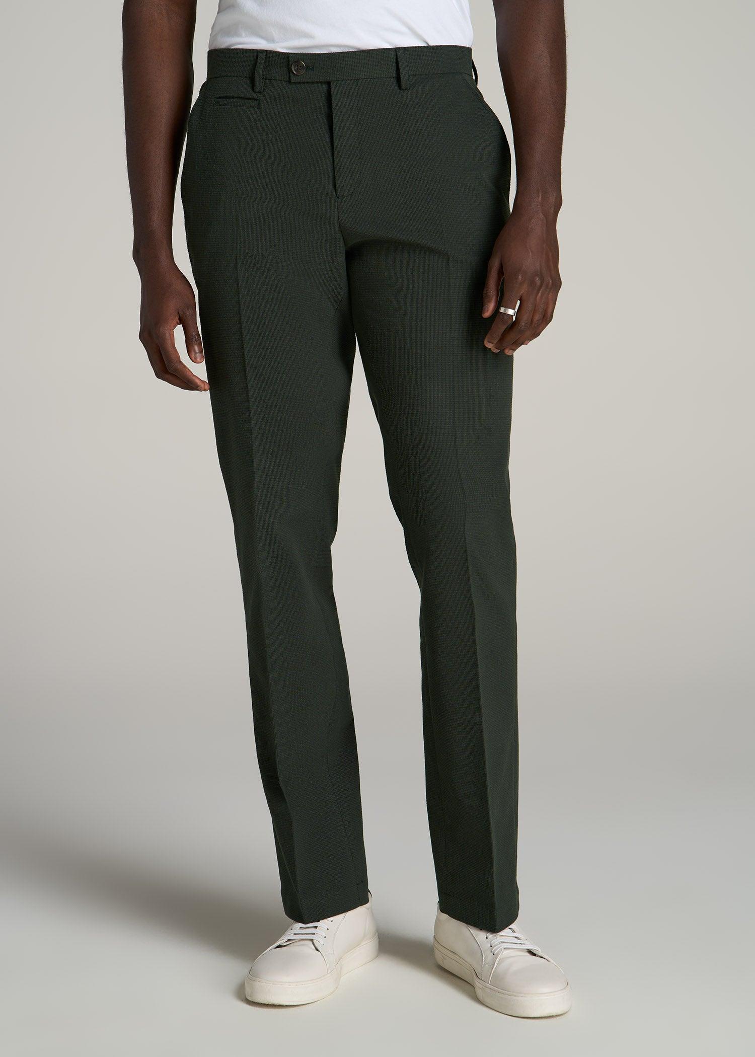 Textured Garment Washed Stretch Cotton Suit Pants for Tall Men in Dark Olive Green Product Image