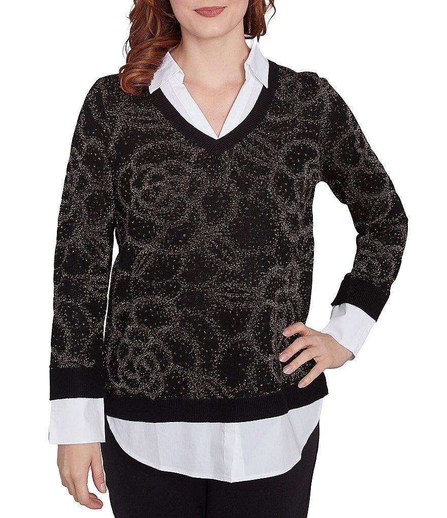 Ruby Rd. Mixed Media Metallic Floral Jacquard Collared Long Sleeve Pullover Layered Sweater Product Image