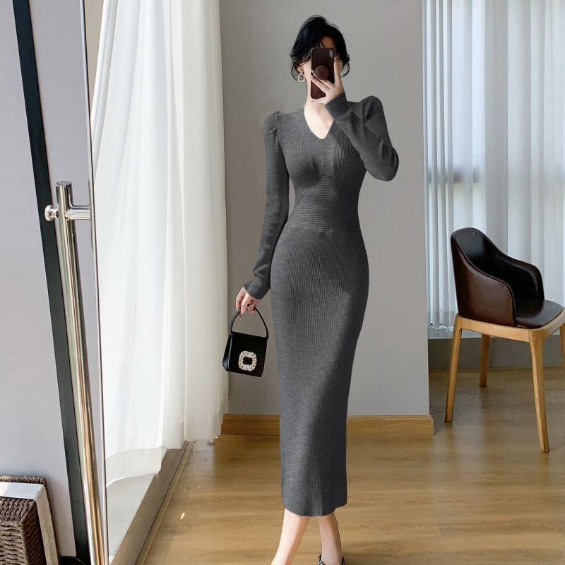 Long-Sleeve V-Neck Plain Ribbed Midi Sheath Knit Dress Product Image