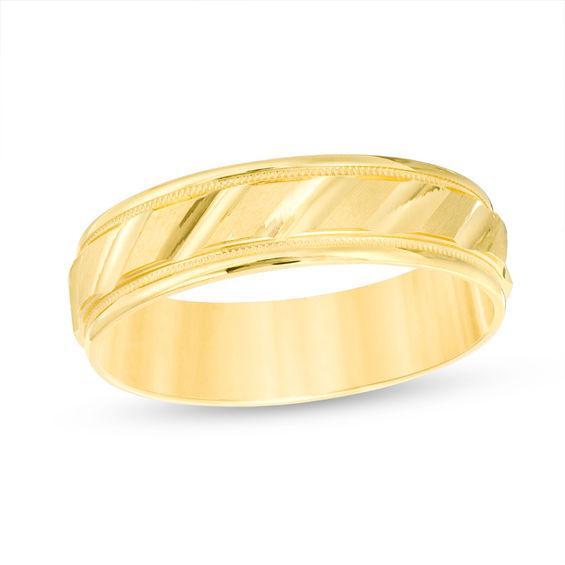 Men's 6.0mm Brushed Milgrain Slant Comfort Fit Wedding Band in 14K Gold Product Image