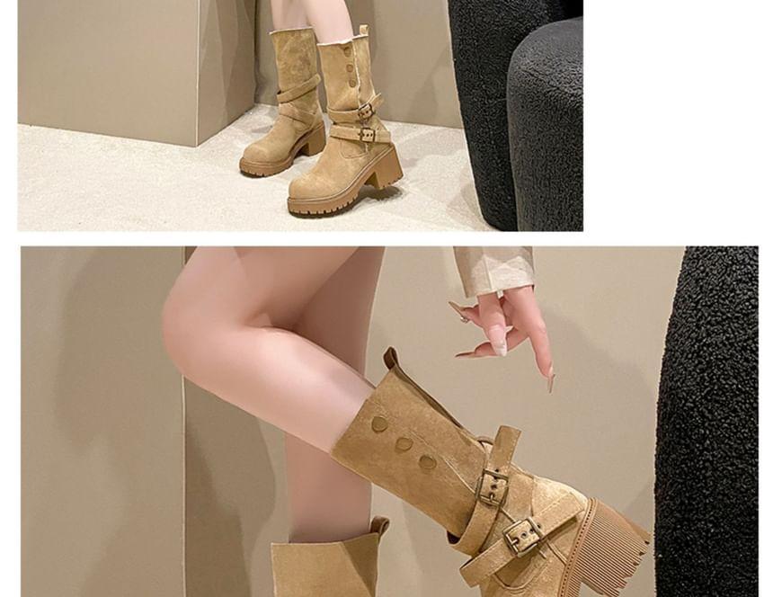 Faux Leather Buckled Platform Mid Calf Boots Product Image