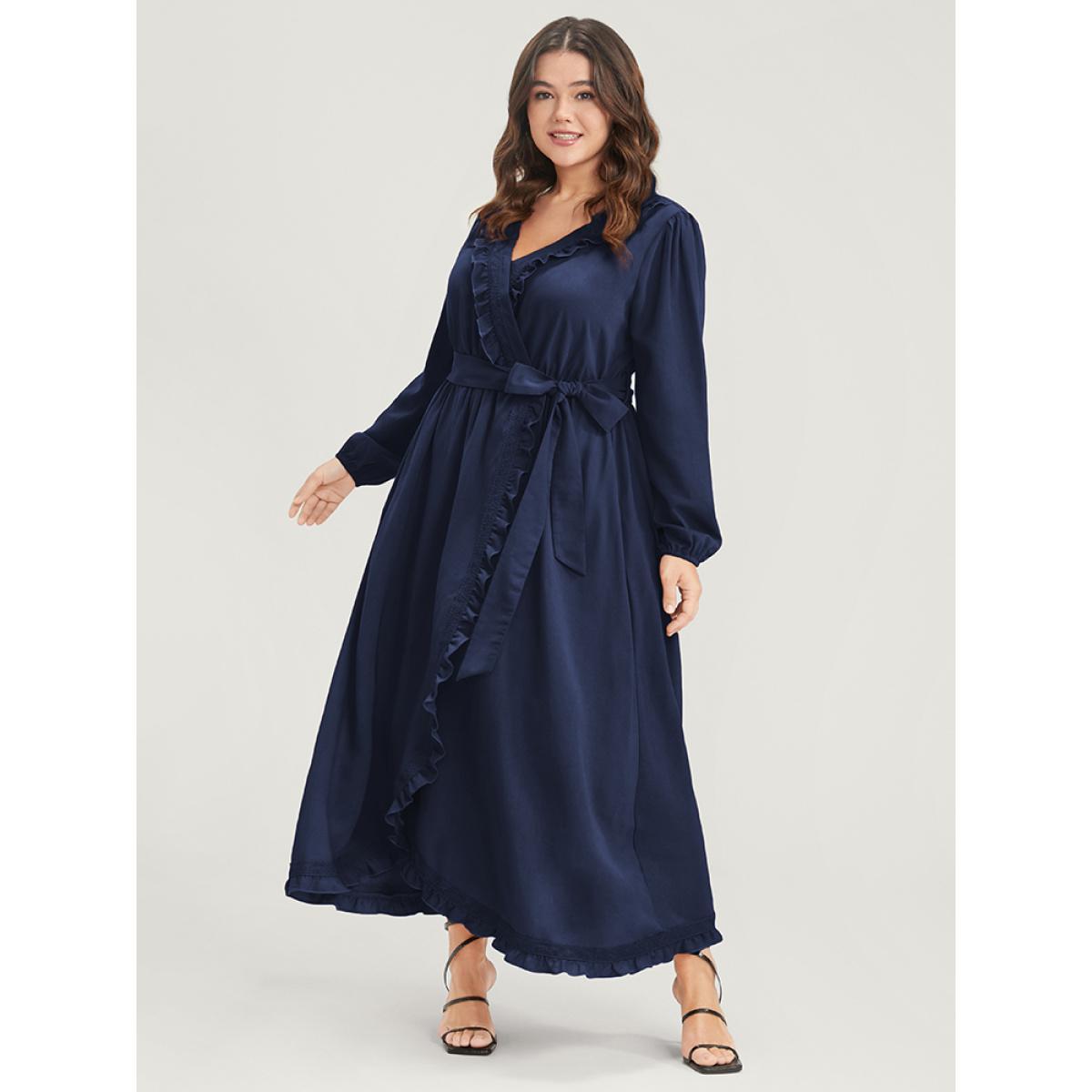 Plus Size Solid Lantern Sleeve Pocket Frill Trim Wrap Belted Dress DarkBlue Women Elegant Plain V-neck Long Sleeve Curvy Long Dress BloomChic 26/4X Product Image