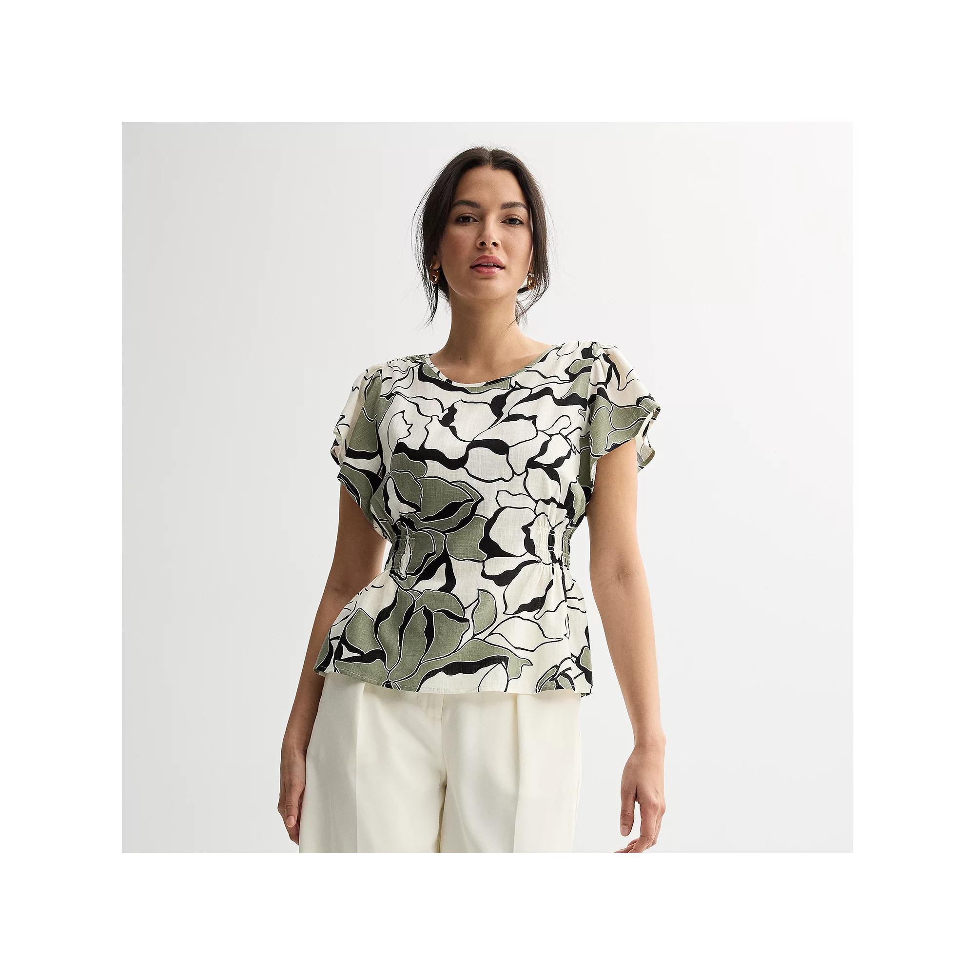 Women's Nine West Cinched Flutter Sleeve Blouse, Size: Large, Green Crystal Bloom Product Image