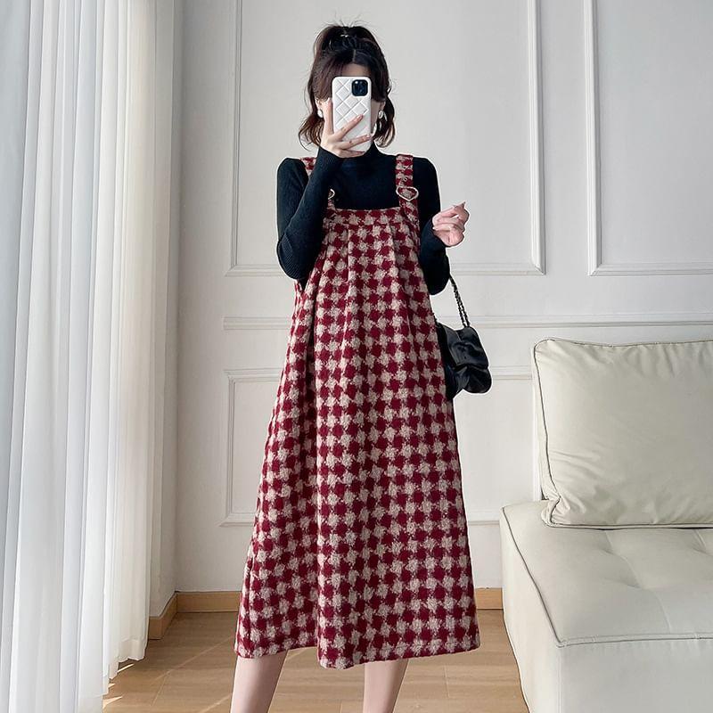 Maternity Long-Sleeve Mock Neck Plain Knit Top / Diamond Print Heart Buckled Midi Dungaree Dress / Set Product Image