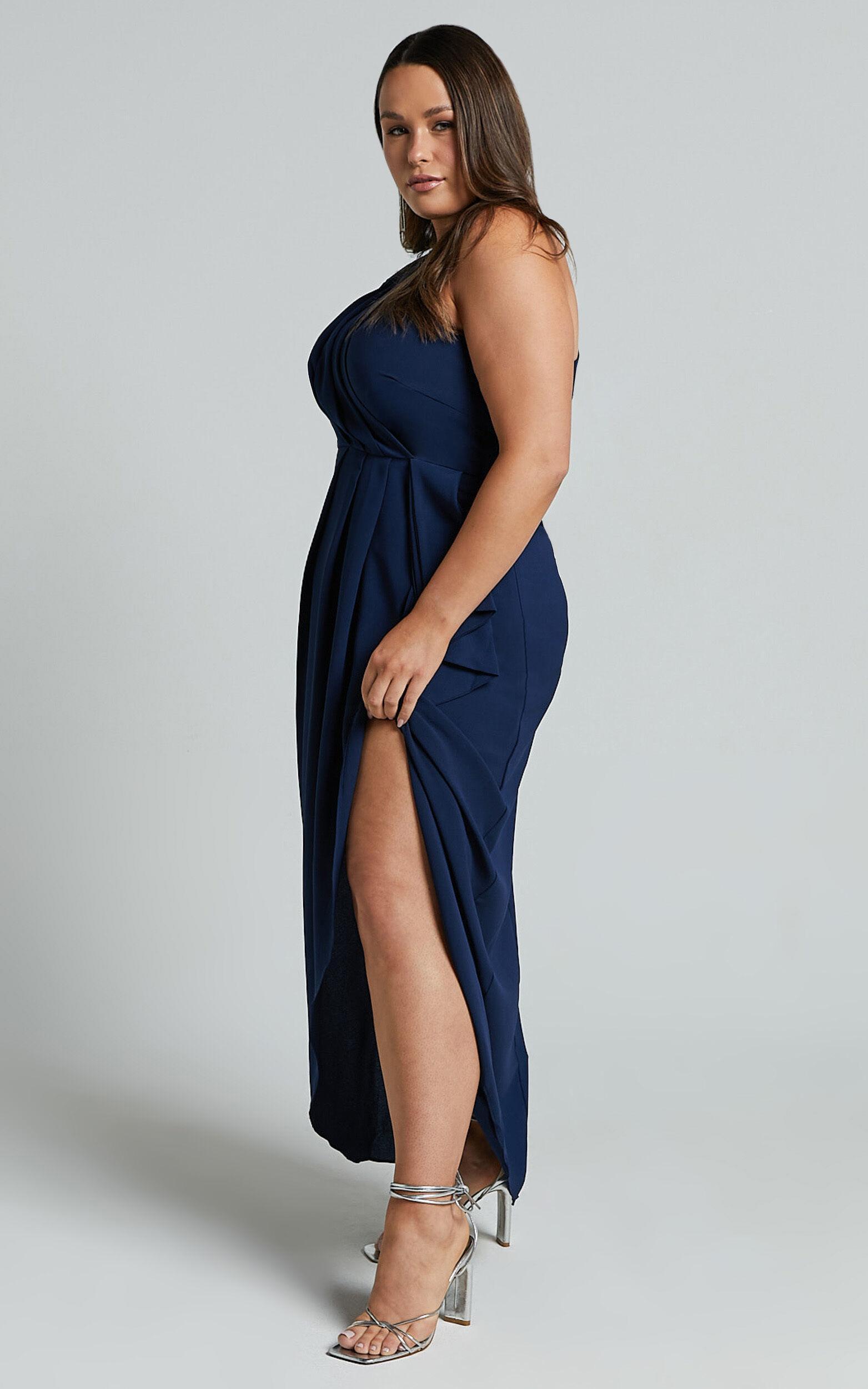 Namaari Midi Dress - Faux Wrap One Shoulder Dress in Navy Product Image