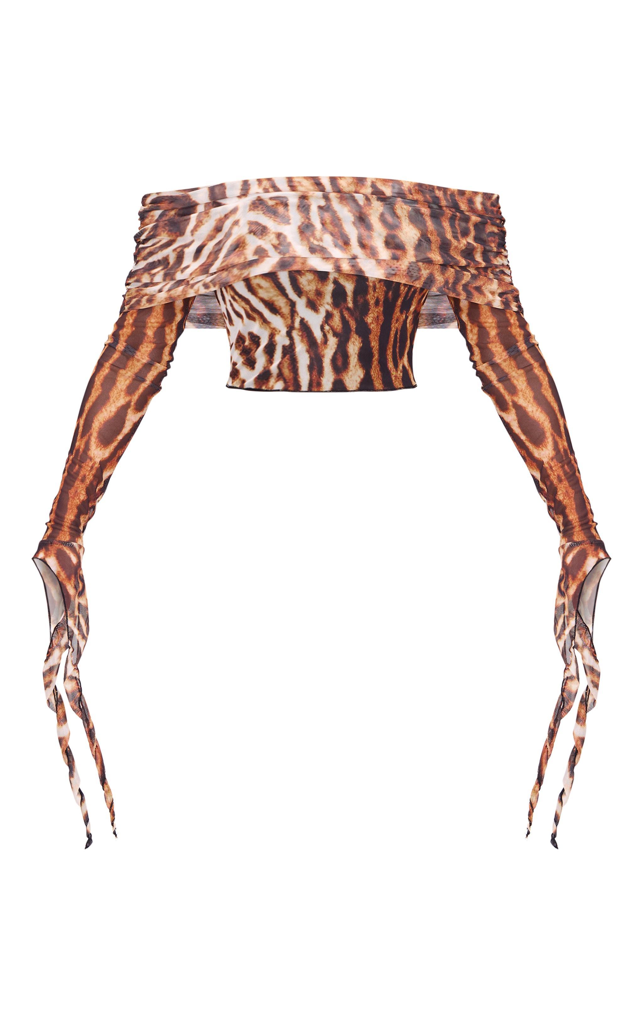 Brown Leopard Mesh Ultra Long Drape Sleeve Crop Top Product Image