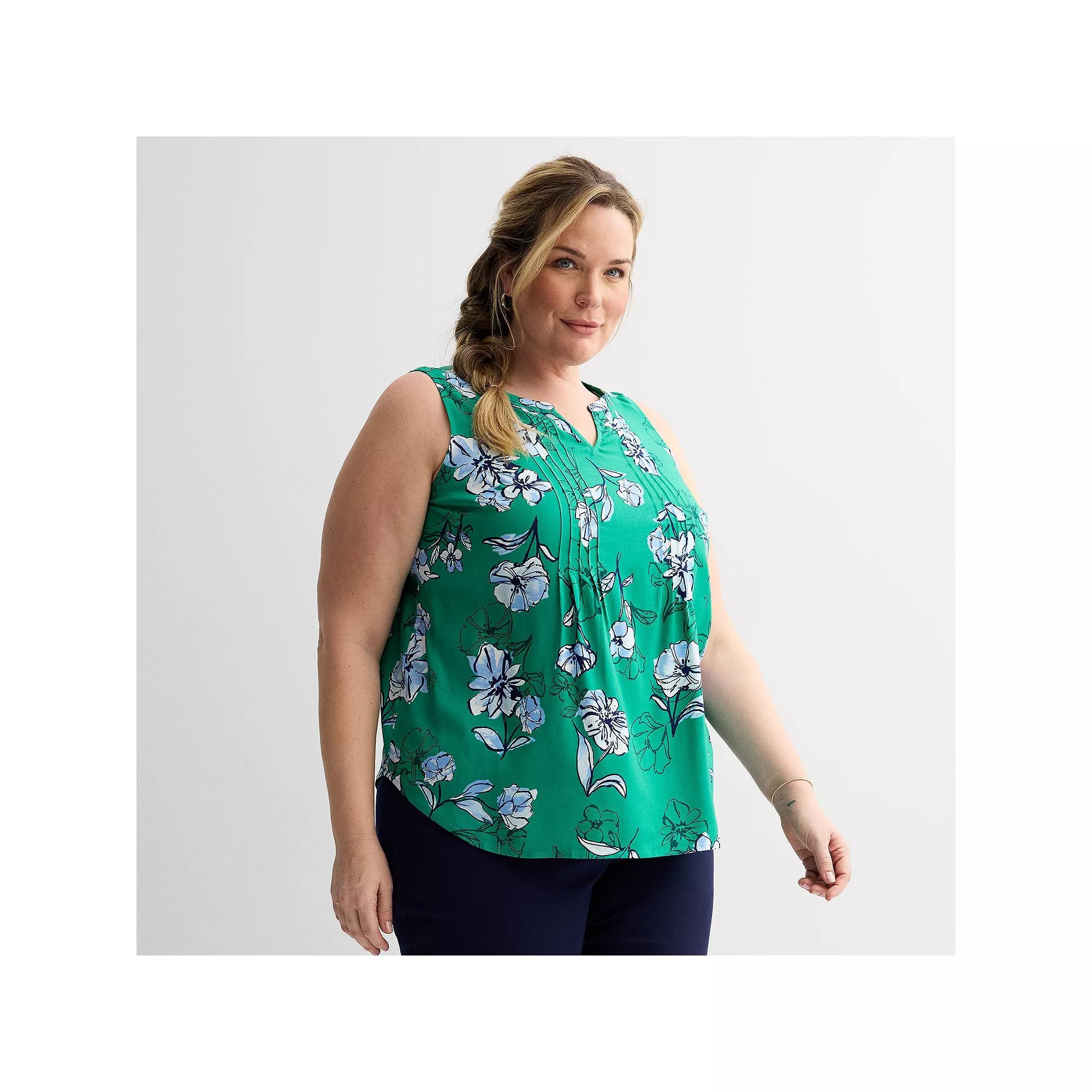 Plus Size Croft & Barrow® Pintuck Sleeveless Shell Top, Women's, Size: 1XL, Green Navy Floral Product Image