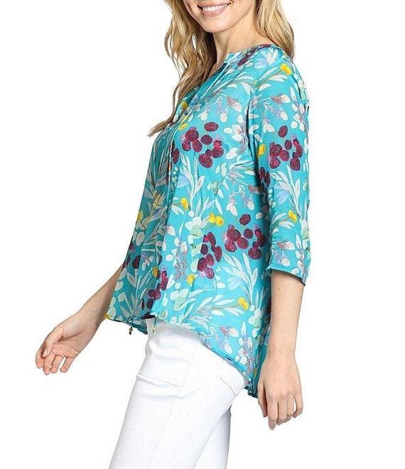 APNY Woven Floral Print V-Neck 3/4 Sleeve Tassel Tie Blouse Product Image