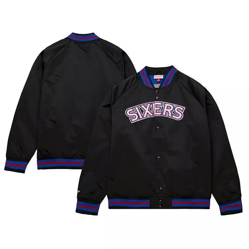 Men's Mitchell & Ness Black Philadelphia 76ers Hardwood Classics  Throwback Wordmark Raglan Full-Snap Jacket, Size: 3XL, 76r Black Product Image