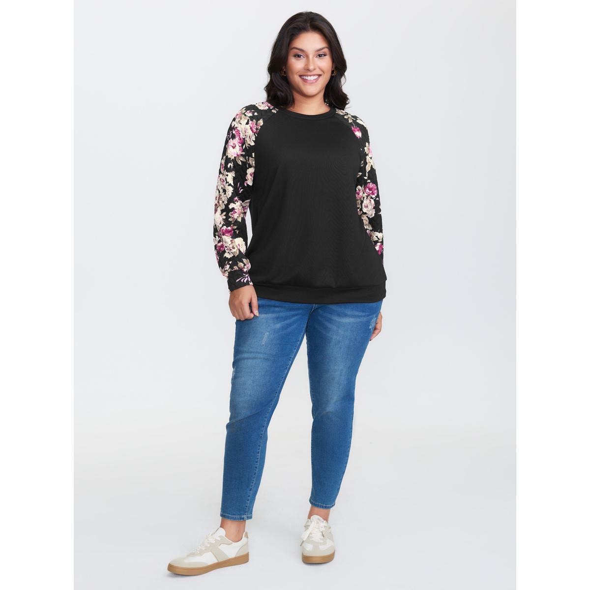 Plus Size Floral Print Raglan Sleeve Sweatshirt Women Black Leisure Contrast Round Neck Casual Sweatshirts BloomChic 26/4X Product Image
