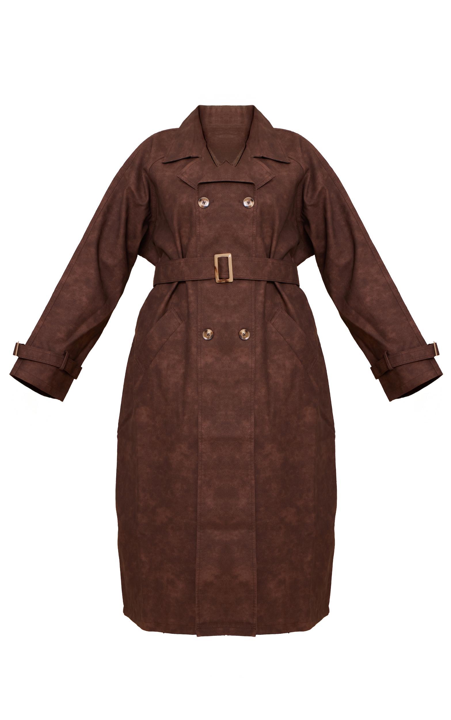 Plus Chocolate Textured Faux Leather Trench Coat Product Image