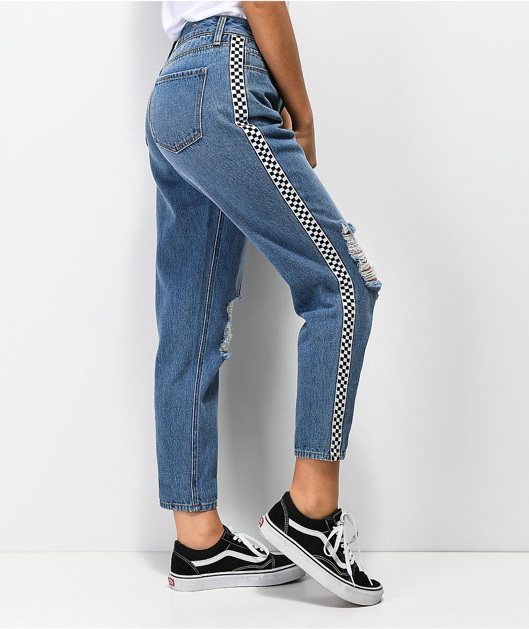 Empyre Eileen Checkered Striped Light Wash Mom Jeans Product Image