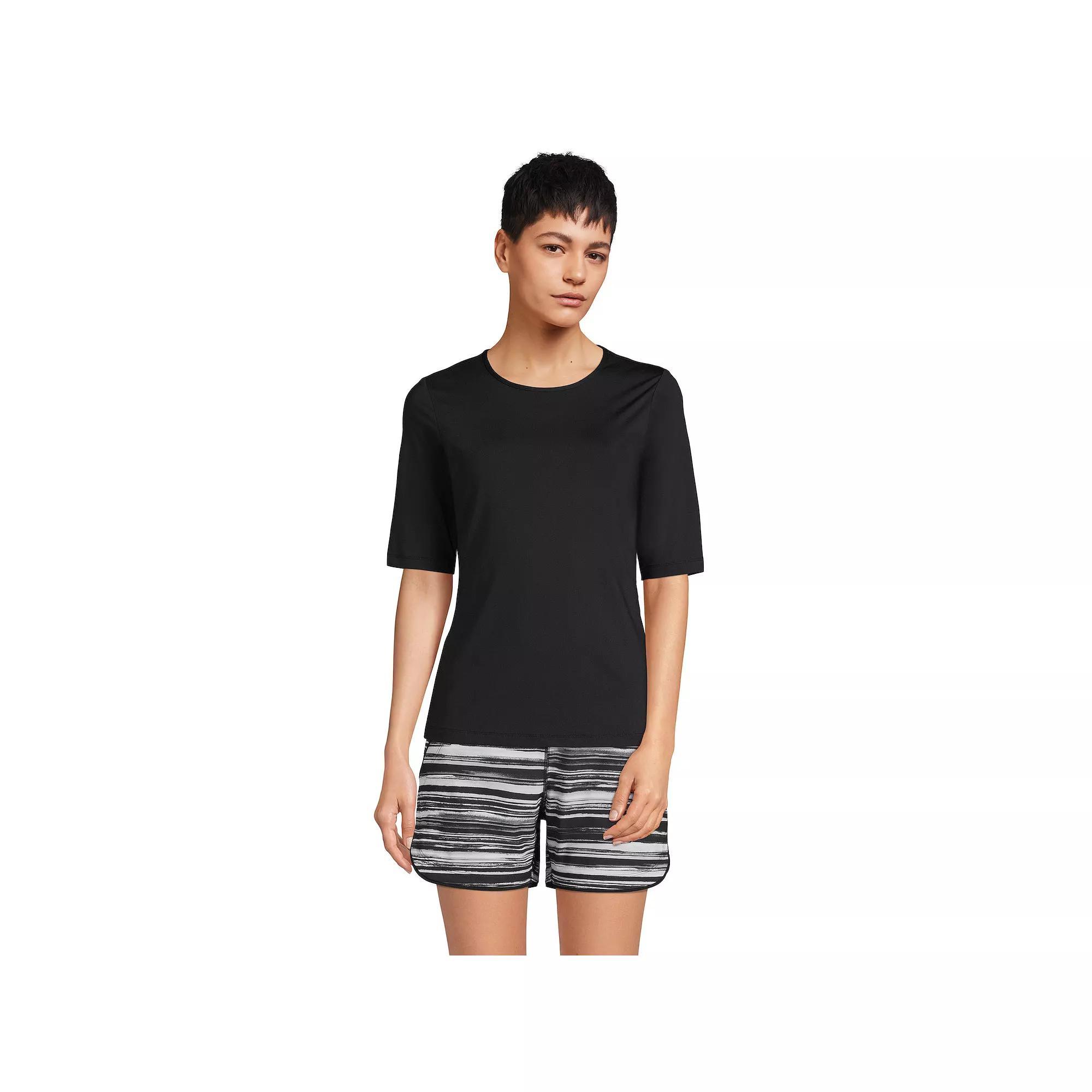 Women's Lands' End UPF 50 Elbow-Sleeve Rash Guard Swim Tee, Size: Small, Black Product Image