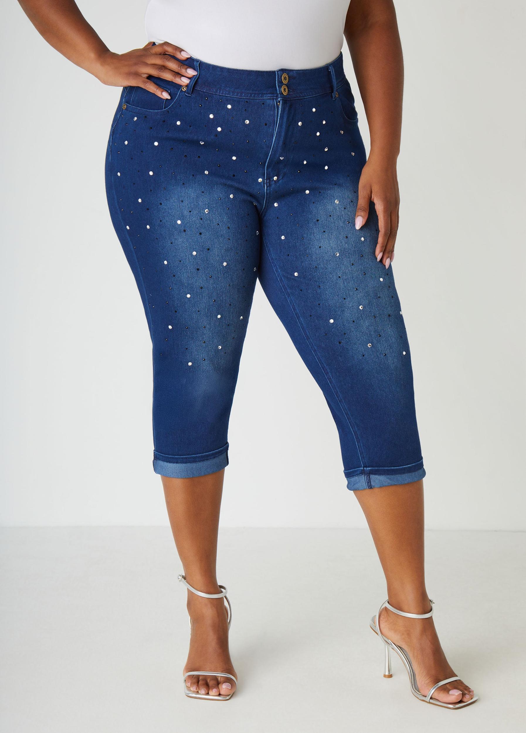 Cuffed Crystal Denim Capris Product Image