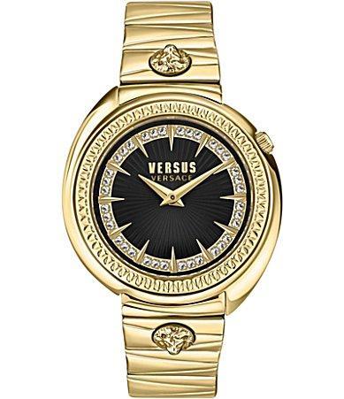 Versus By Versace Womens Tortona Crystal Two Hand Black Leather Strap Watch Product Image