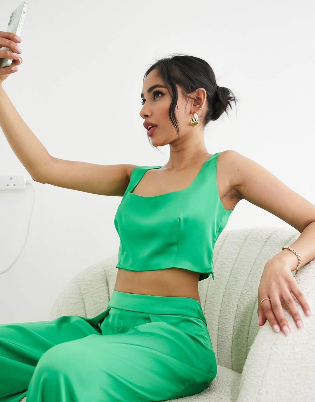 Collective the Label Petite exclusive square neck crop top in bold green - part of a set Product Image