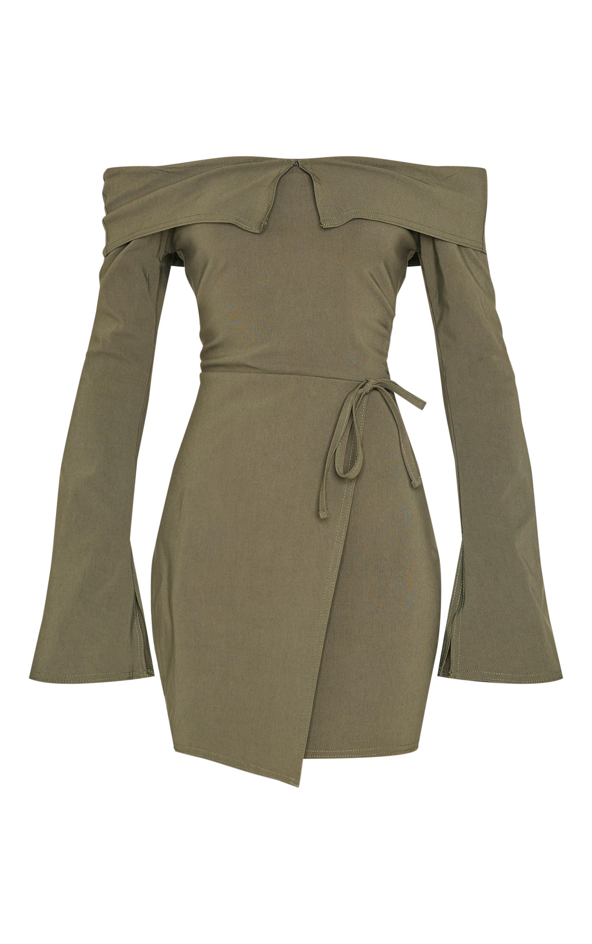 Khaki Stretch Woven Fold Bardot Wrap Dress Product Image