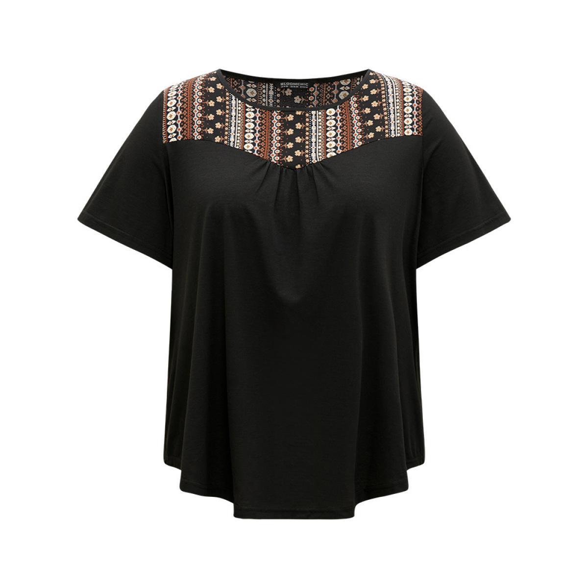 Plus Size Bandana Striped Patchwork Gathered T-shirt Black Women Elegant Printed Bohemian Print Round Neck Dailywear T-shirts BloomChic 12/L Product Image