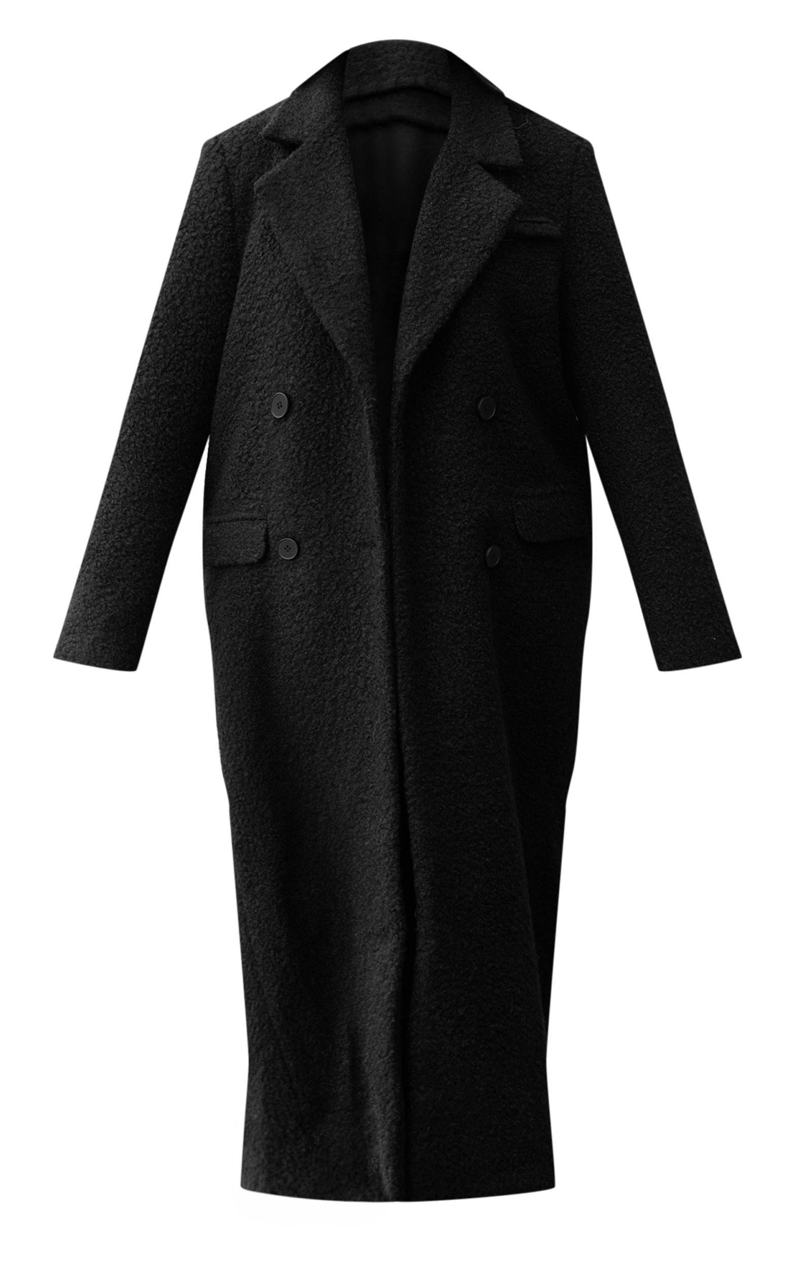 Black Boucle Double Breasted Structured Maxi Coat Product Image