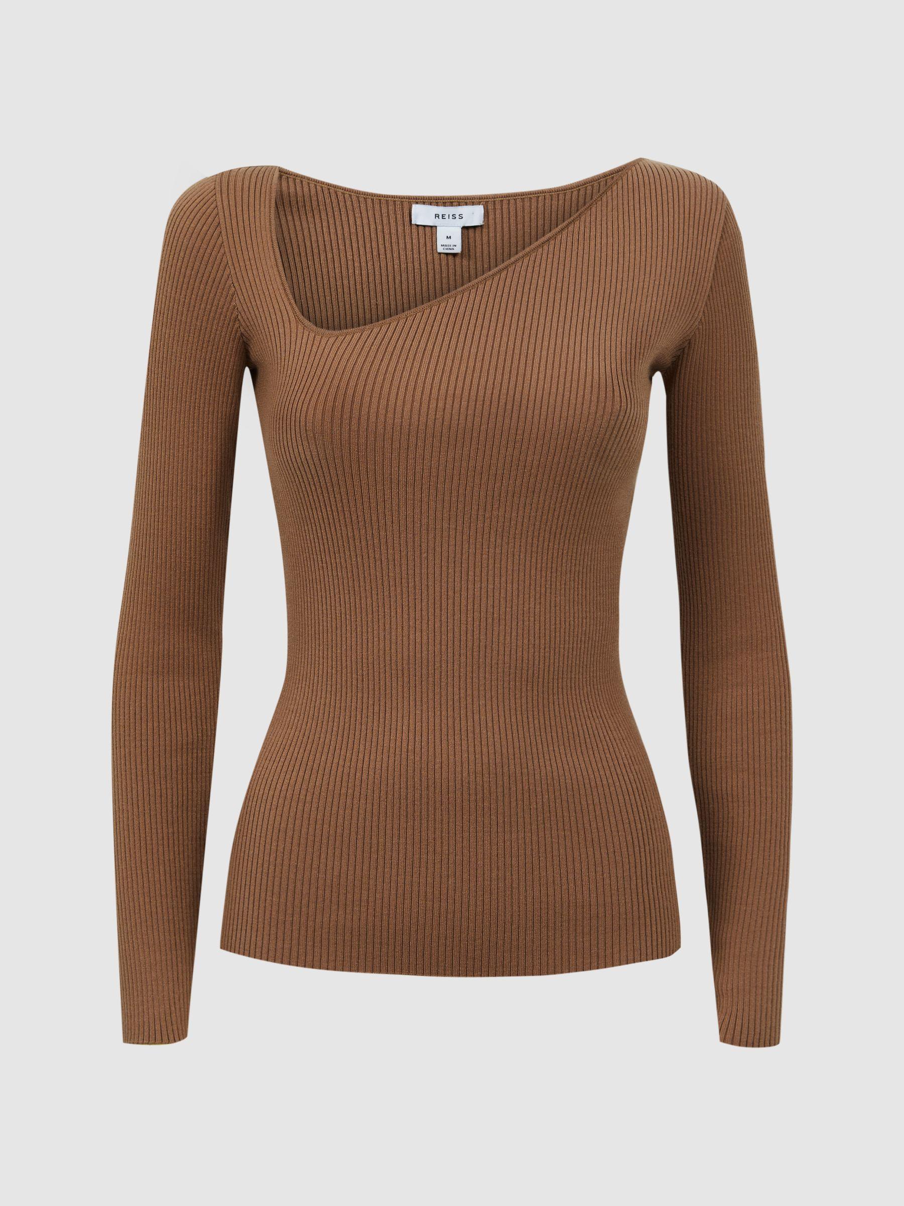 Fitted Ribbed Asymmetric Neck T-Shirt in Camel Product Image