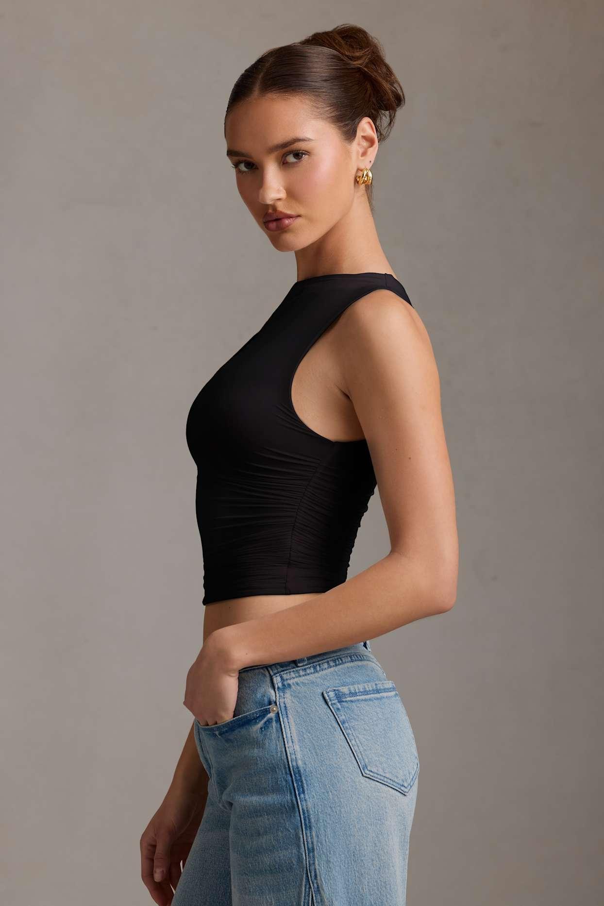 Asymmetric Ruched Tank Top in Black Product Image