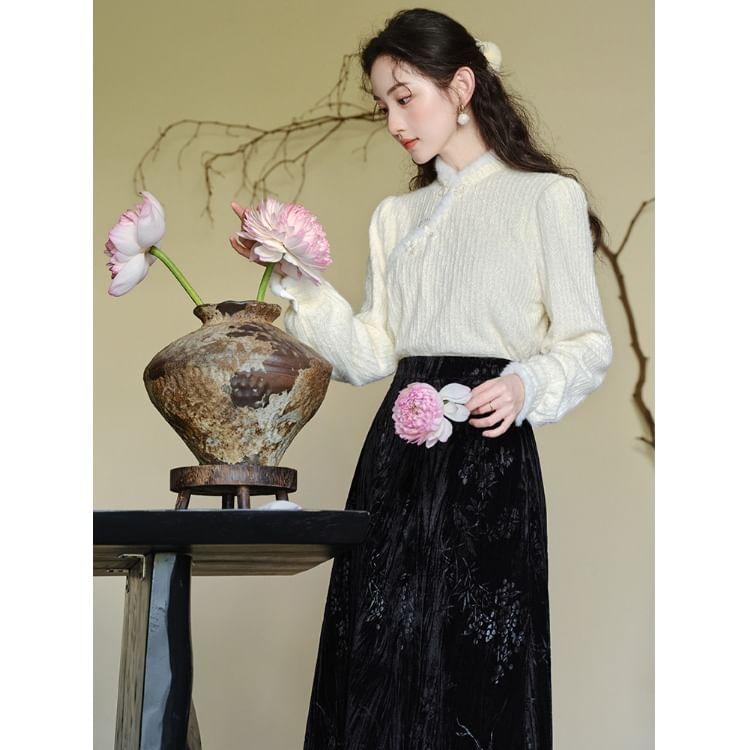 Set: Long-Sleeve Stand Collar Fluffy Trim Frog Buttoned Lace Blouse + High Rise Jacquard Velvet Midi A-Line Skirt Product Image