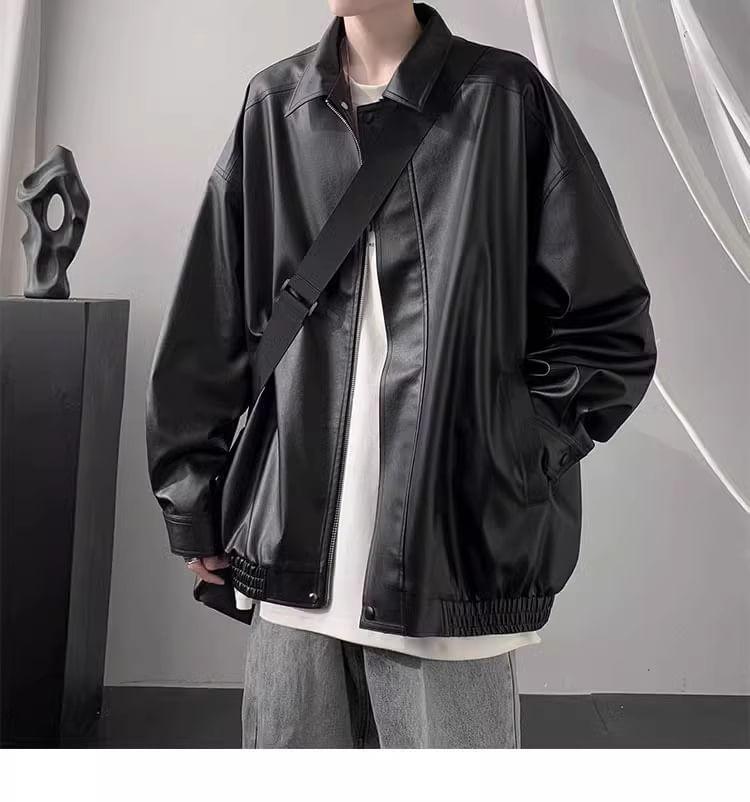 Plain Faux Leather Zip Jacket Product Image