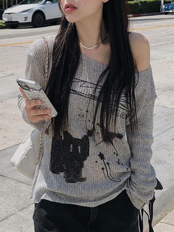 Cat Off Shoulder Oversized Long Sleeves Tee Product Image