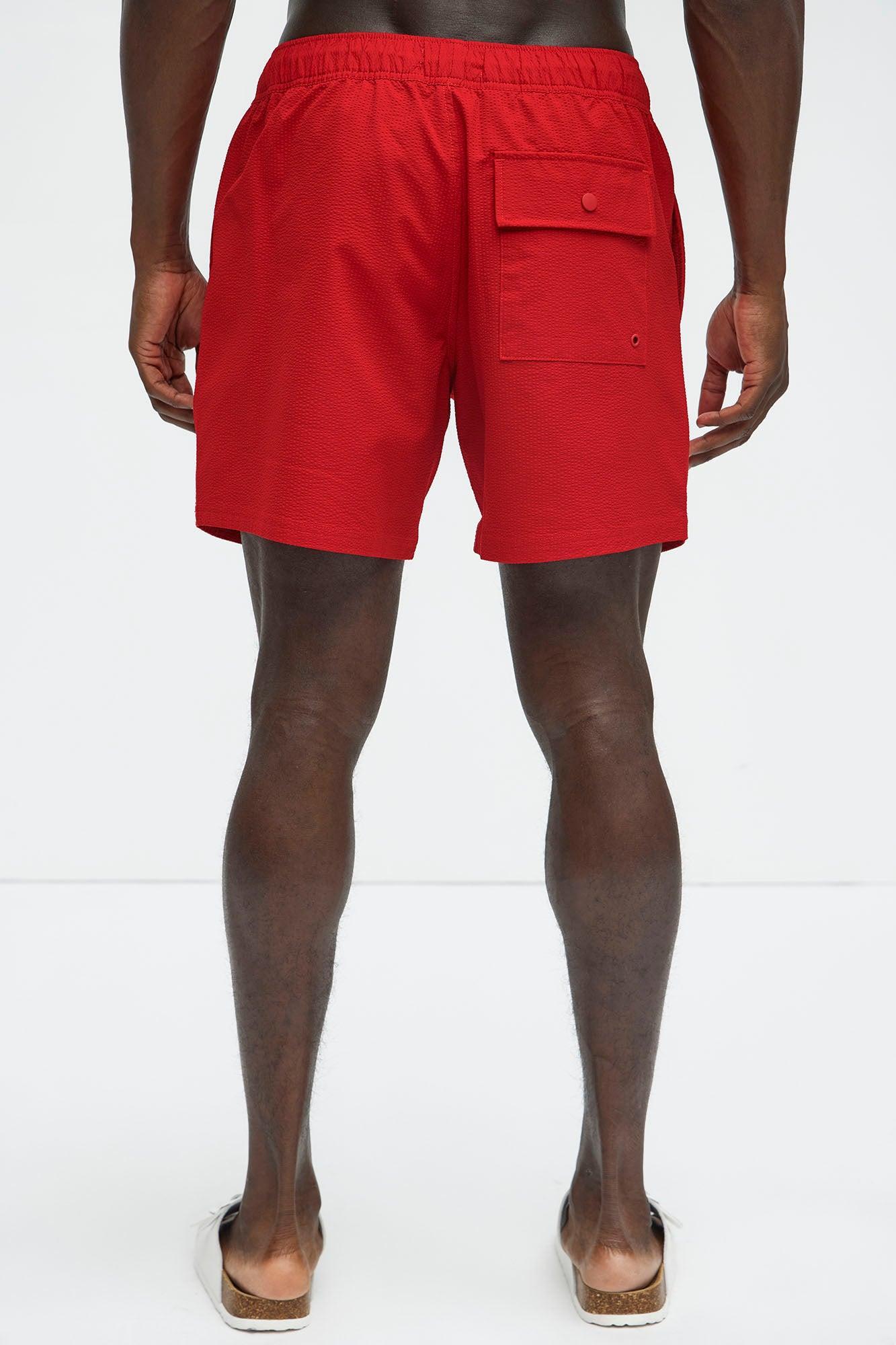 Seersucker Swim Mid Trunk - Red Product Image
