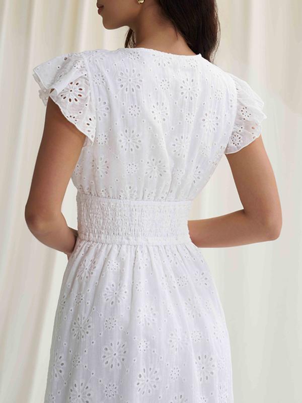 A-Line Loose Elasticity Hollow Pleated Solid Color V-Neck Mini Dresses Product Image