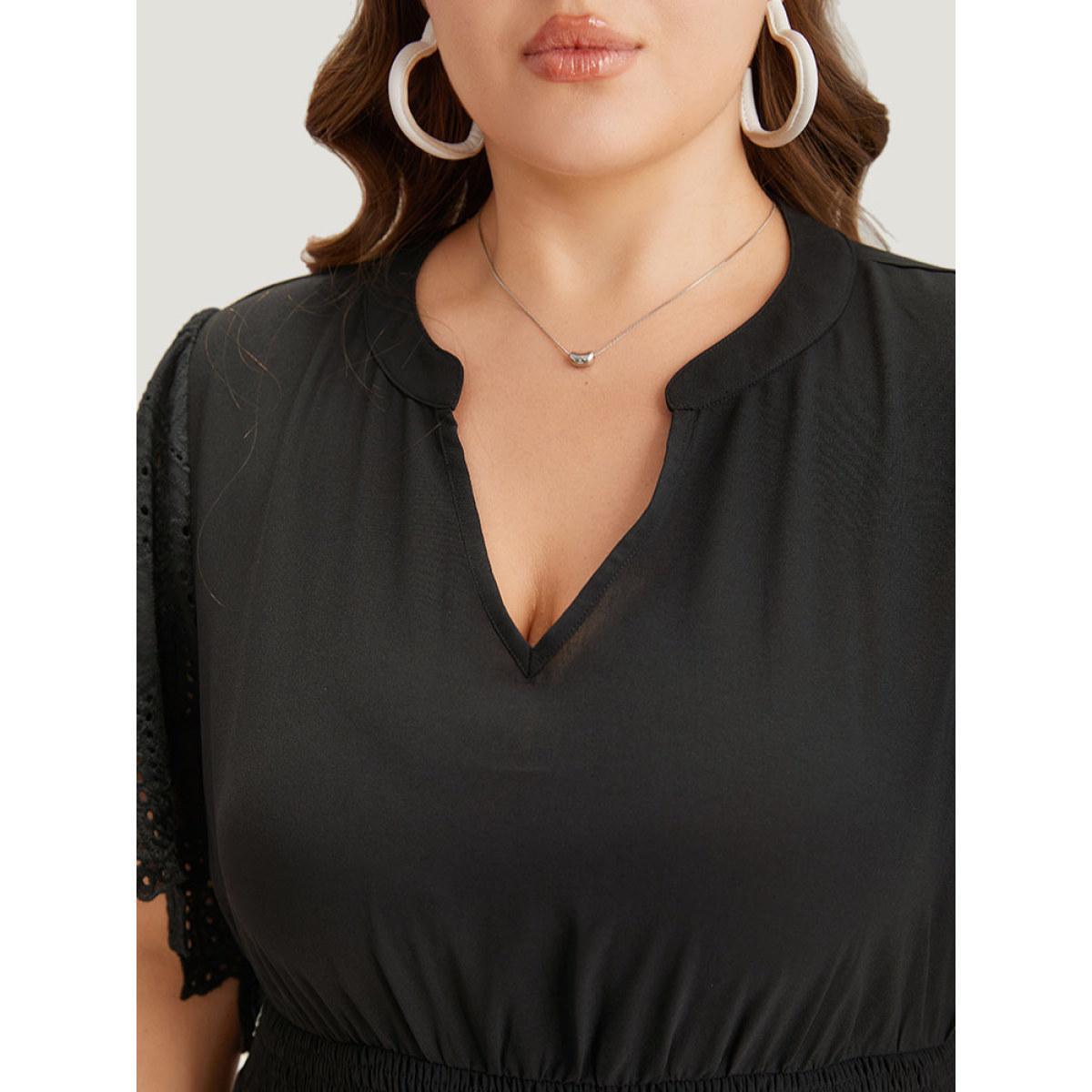 Plus Size Solid Laser Cut Pocket Notched Dress Black Women Elegant Plain Notched collar Short sleeve Curvy Midi Dress BloomChic 14-16/1X Product Image