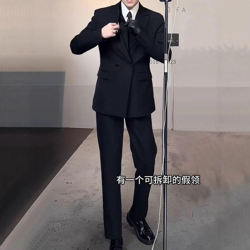 Peak Lapel Plain Double-Breasted Blazer Product Image