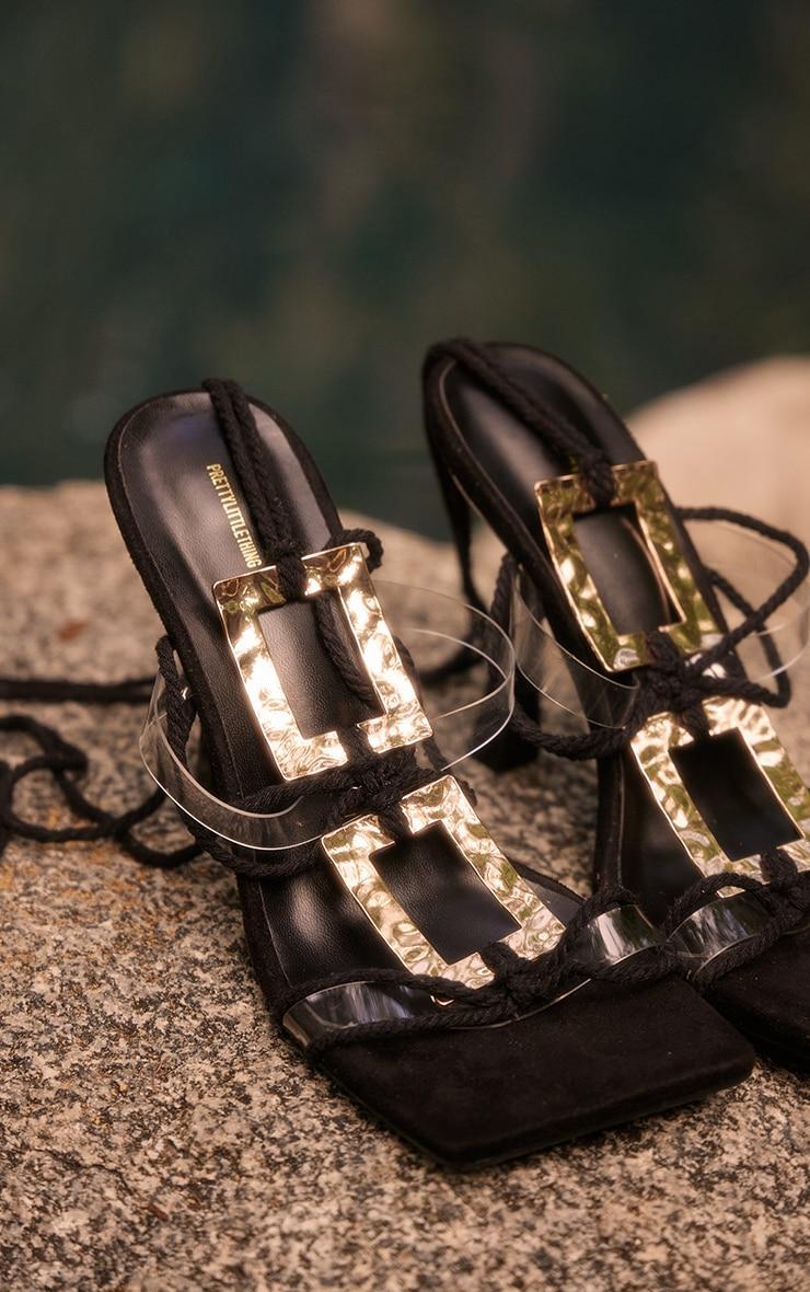 Black Faux Suede Square Toe Double Buckle Lace Up High Heeled Sandals Product Image