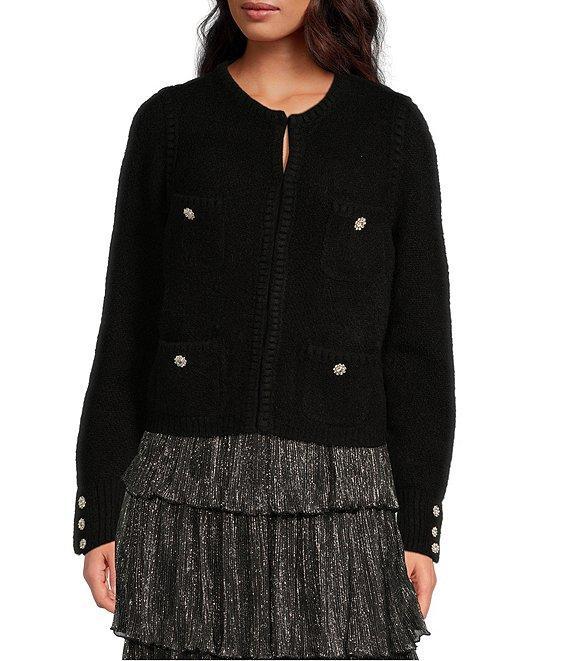 A Loves A Wool Blend Knit Crew Neck Snap Front Rhinestone Button Long Sleeve Cardigan Product Image