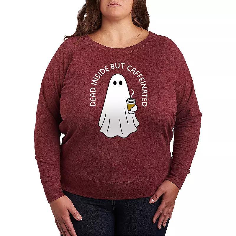 Plus Size Dead Inside Caffeinated Ghost French Terry Long Sleeve Tee, Womens Grey Dark Red Product Image