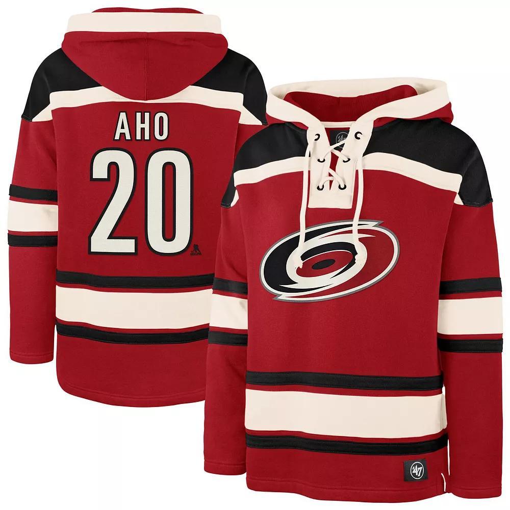 Men's '47 Sebastian Aho Red Carolina Hurricanes Player Name & Number Lacer Pullover Hoodie,  Product Image