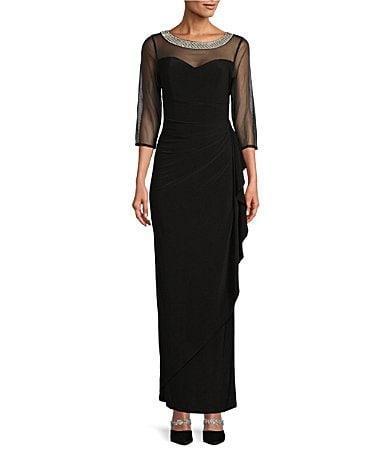 Alex Evenings Illusion Mesh 34 Sleeve Round Neck Side Slit Ruched Gown Product Image