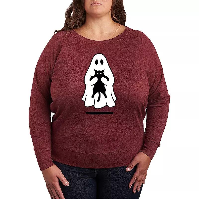 Plus Size Ghost Holding Black Cat French Terry Long Sleeve Tee, Womens Product Image