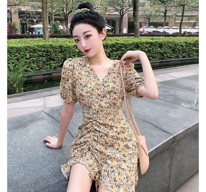 Puff Sleeve V-Neck Floral Drawstring Ruched Asymmetric Mini Dress Product Image